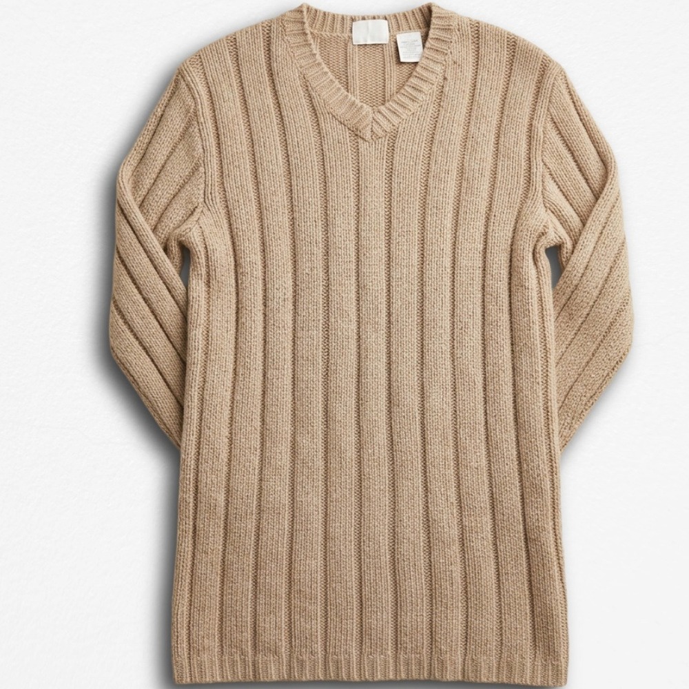Moda International Vintage 90s Silk Angora Ribbed V-Neck Sweater Tan Small